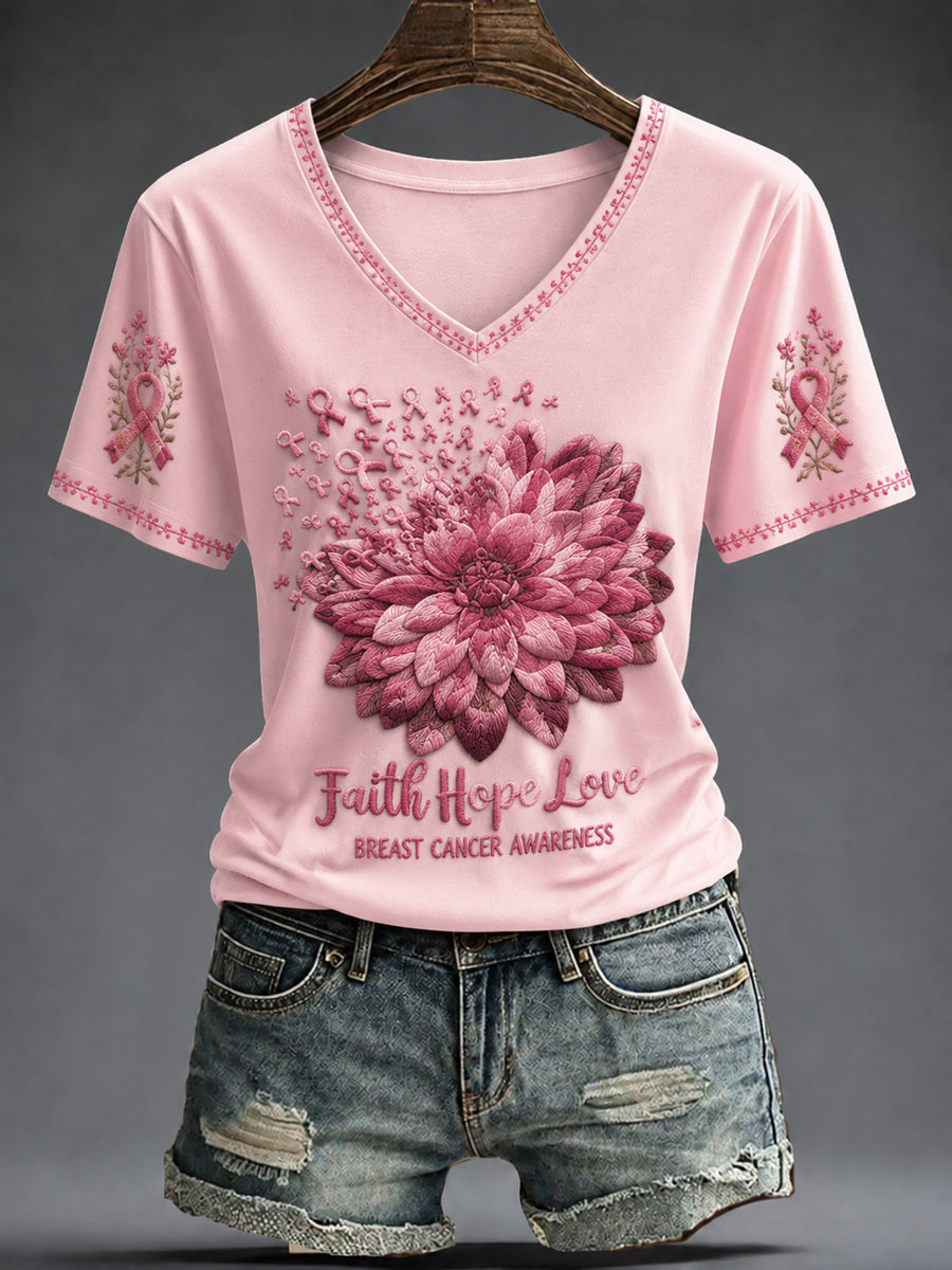 Women's Breast Cancer Pink Flowers Printed V-neck T-shirt
