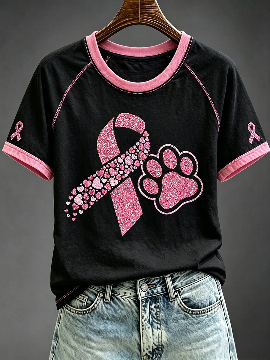 Women's Breast Cancer Pink Ribbon Pawn Print Round Neck Short Sleeve T-shirt