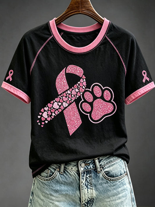 Women's Breast Cancer Pink Ribbon Pawn Print Round Neck Short Sleeve T-shirt