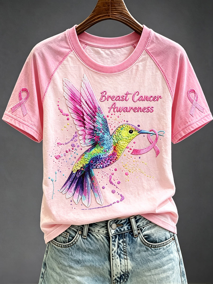 Women's Pink Ribbon Hummingbird Print Round Neck Short Sleeve T-shirt