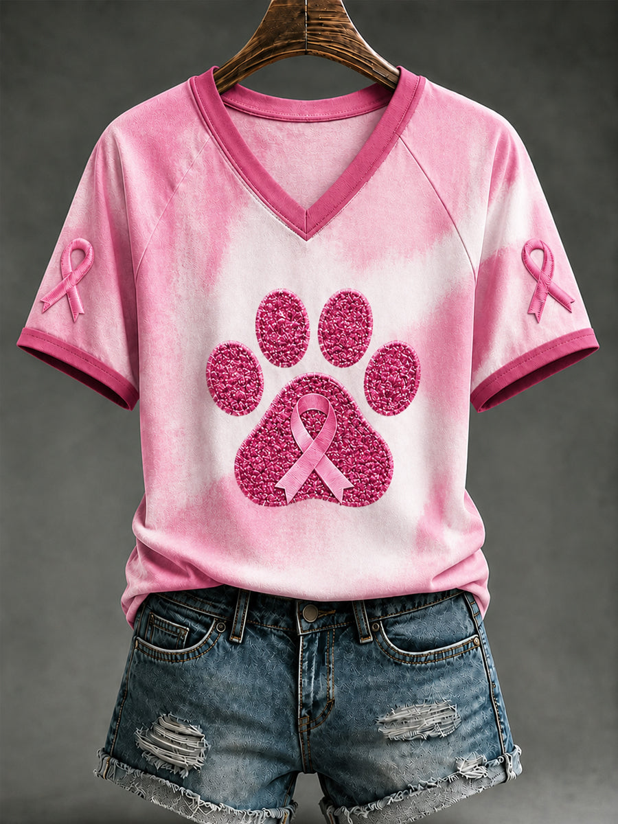 Women's Breast Cancer Awareness Support V-neck Off-shoulder Short-sleeved T-shirt