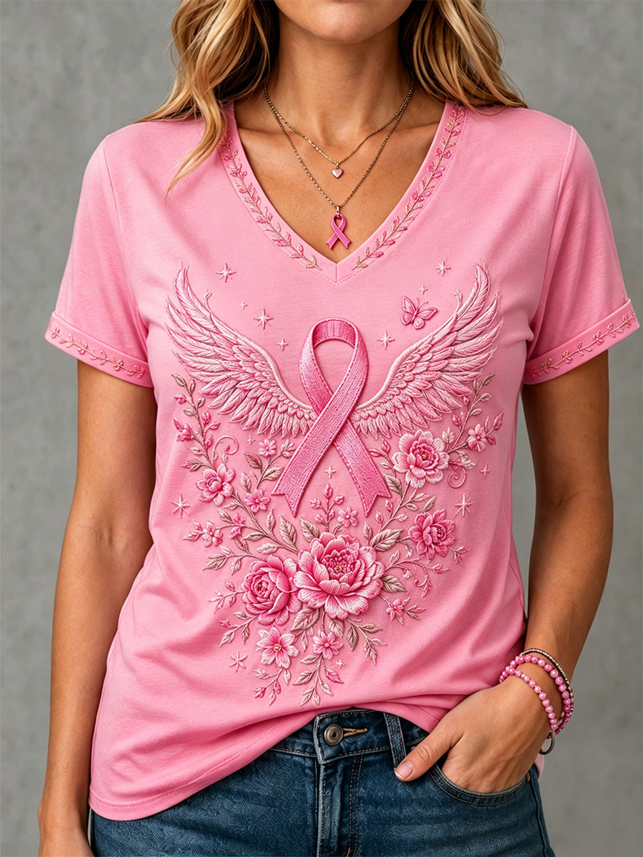 Women's Pink Floral Print Breast Cancer Awareness Support V-Neck Tee