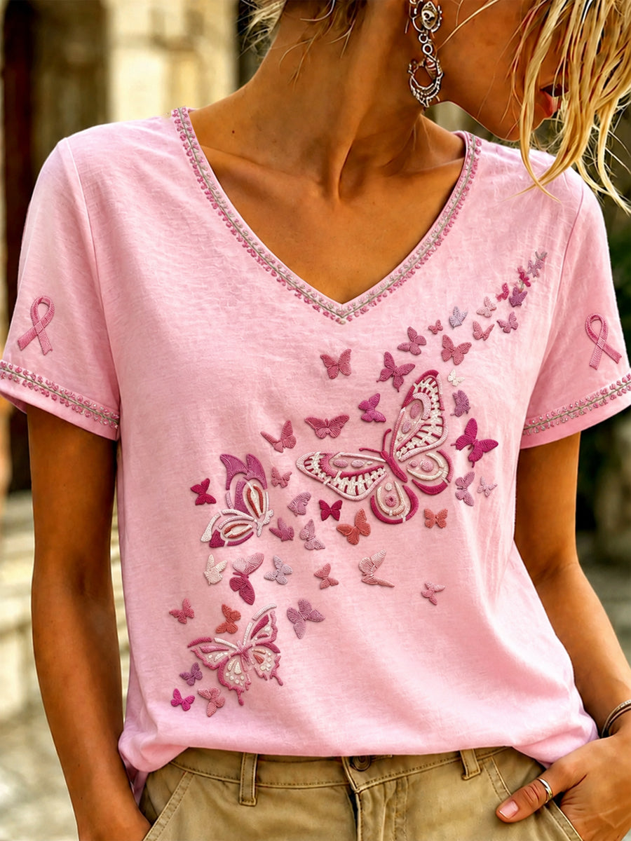 Women's Breast Cancer Pink Art  Printed V-neck T-shirt
