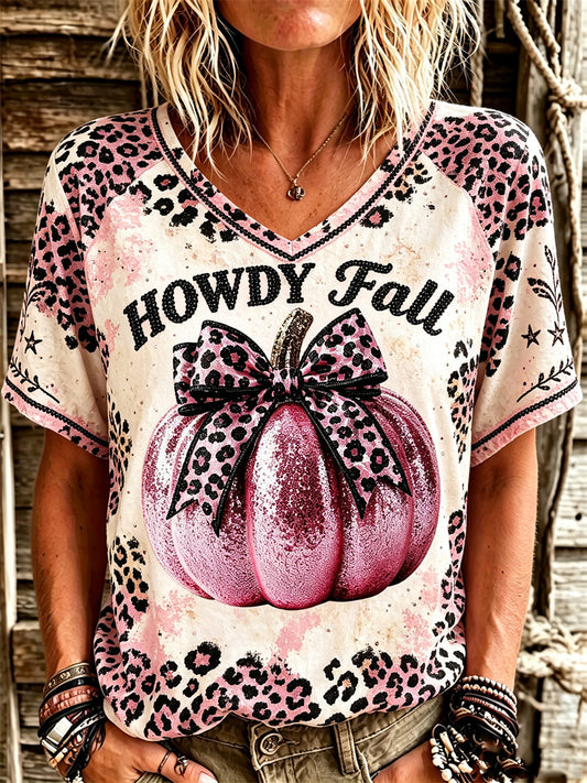 Women's Western Howdy Fall Pink Pumpkin Leopard Bleached Print short-sleeved T-shirt