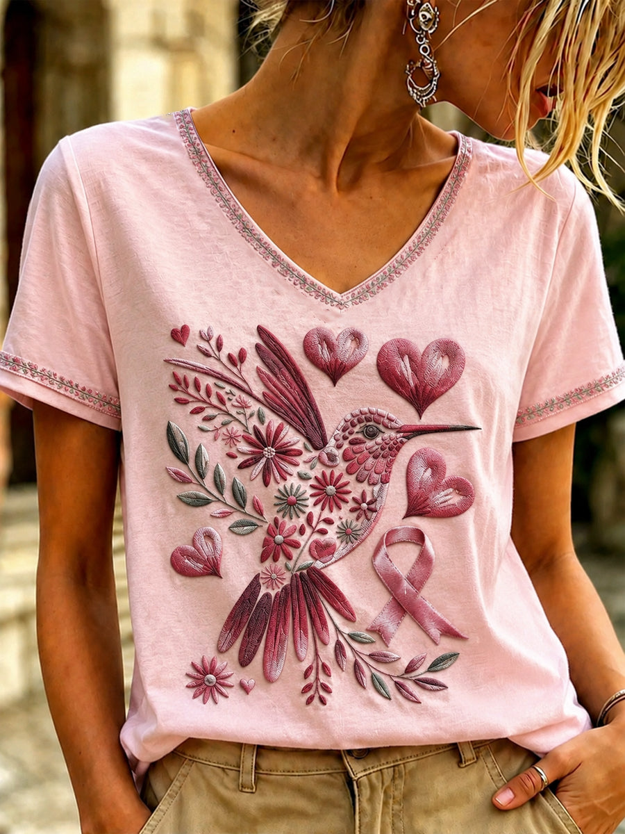 Women's Breast Cancer Pink Art  Printed V-neck T-shirt