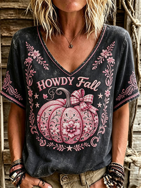 Women's Western Howdy Fall Pink Pumpkin Vintage Floral Print linen short-sleeved T-shirt