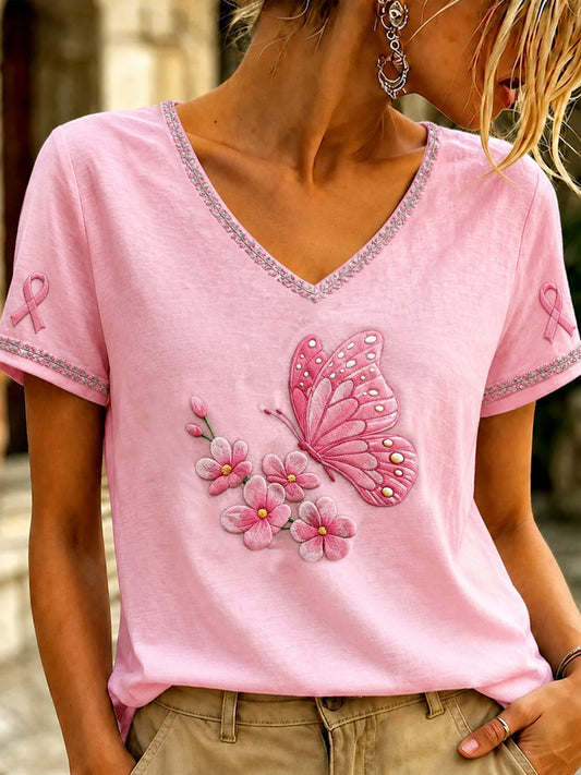 Women's Breast Cancer Pink Art  Printed V-neck T-shirt