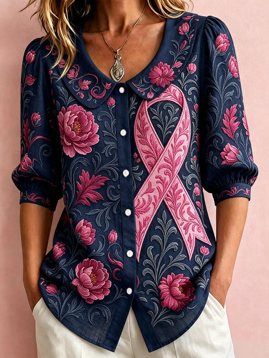 Women's Classy Pink Ribbon Floral Art Print Cotton-Linen Shirt