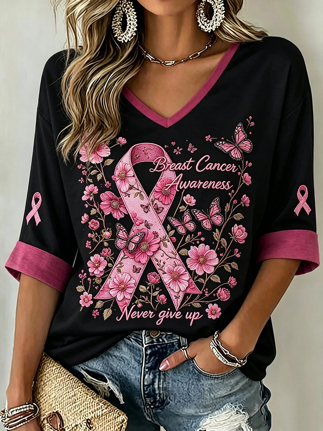 Women's Breast Cancer Awareness Main Pattern Printed Mid-length Sleeves V-Neck T-Shirt