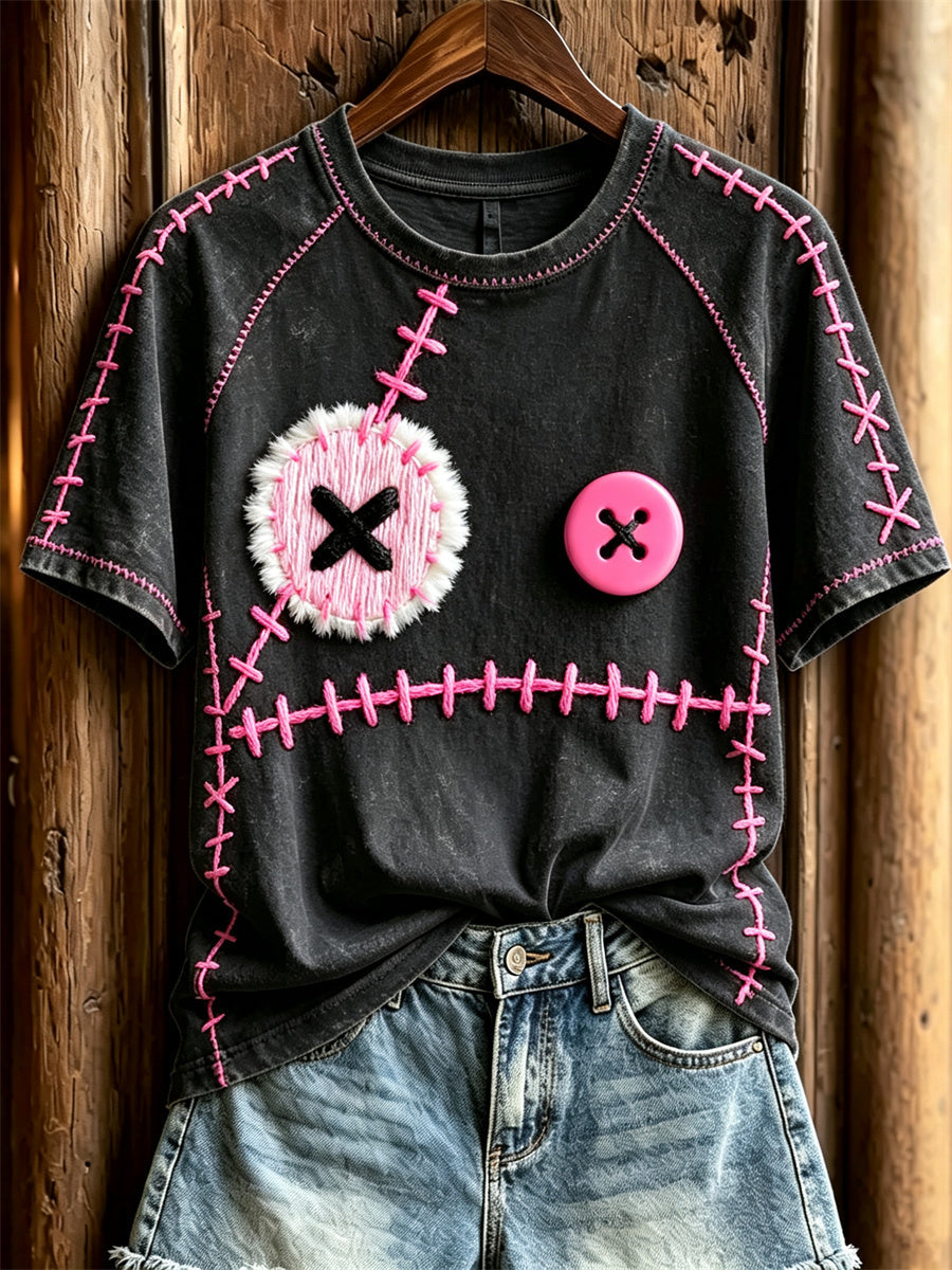 Women's Lovely Monster Face Pink Stitches Print short sleeve T-shirt