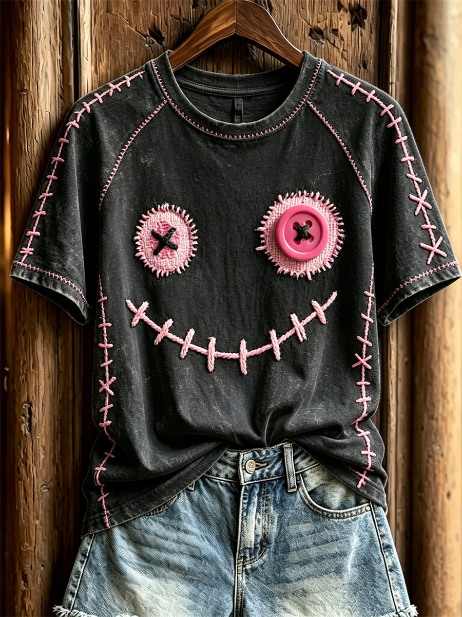 Women's Lovely Monster Face Pink Stitches Print short sleeve T-shirt
