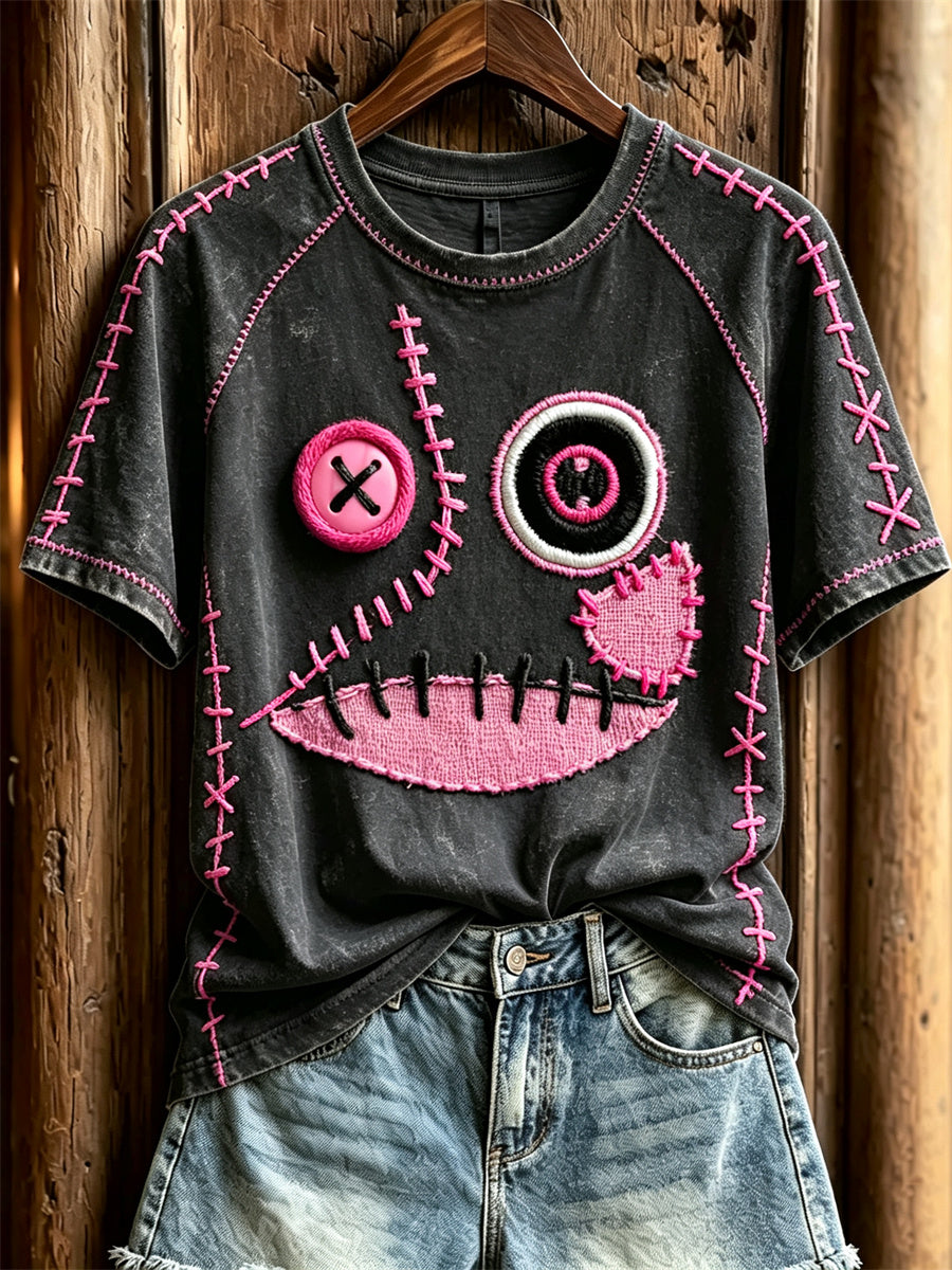 Women's Lovely Monster Face Pink Stitches Print short sleeve T-shirt