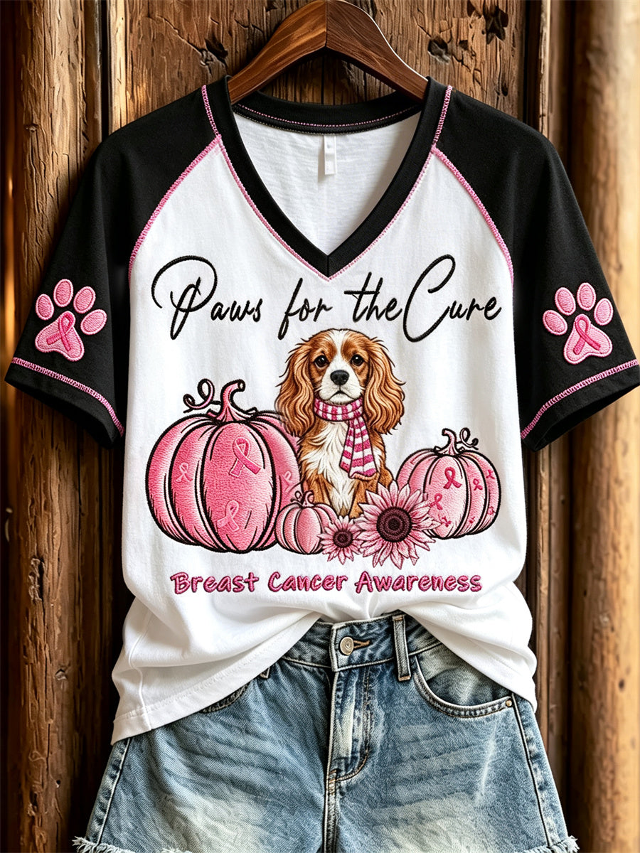 Women's Paws for the Cure Breast Cancer Awareness King Charles Dog & Pink Pumpkins Print short-sleeved T-shirt