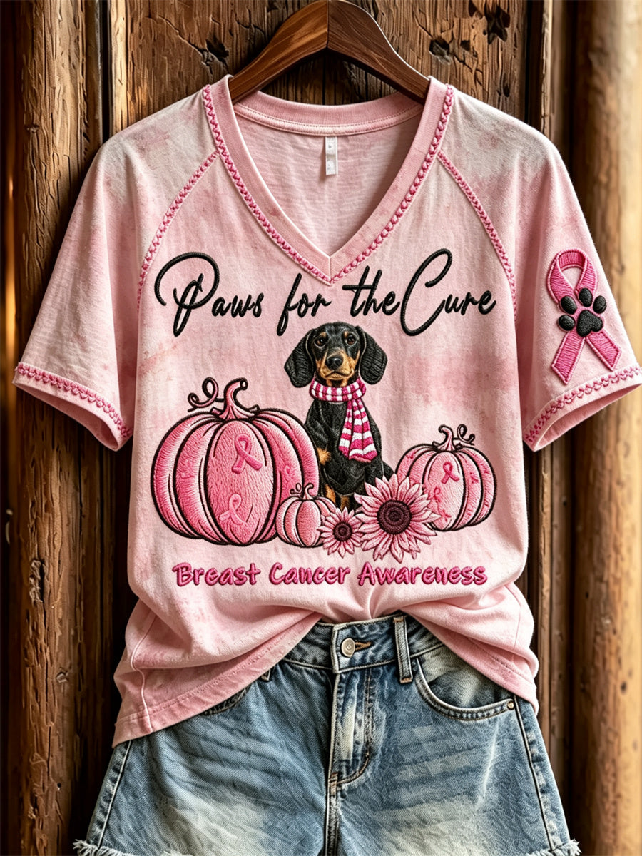 Women's Paws for the Cure Breast Cancer Awareness Dachshund Dog & Pink Pumpkins Print short-sleeved T-shirt