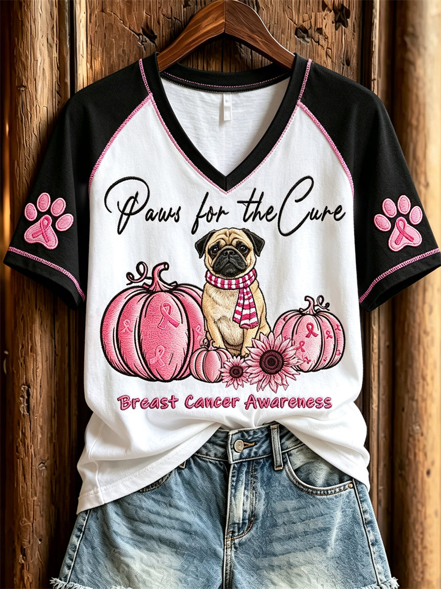 Women's Paws for the Cure Breast Cancer Awareness Pug Dog & Pink Pumpkins Print short-sleeved T-shirt