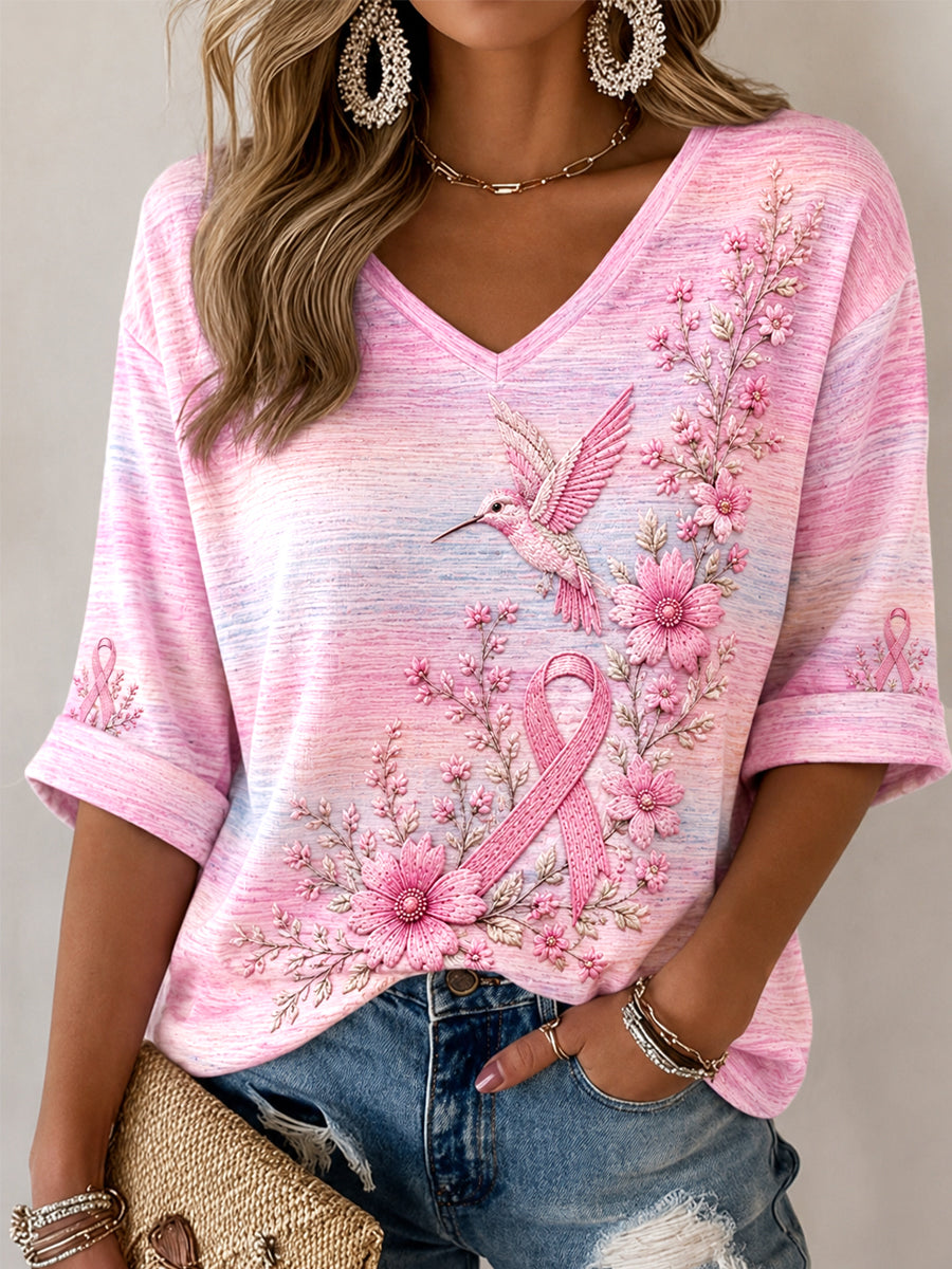Women's Pink Floral & Hummingbird Print Breast Cancer Awareness Support Half-Sleeves V-Neck T-Shirt