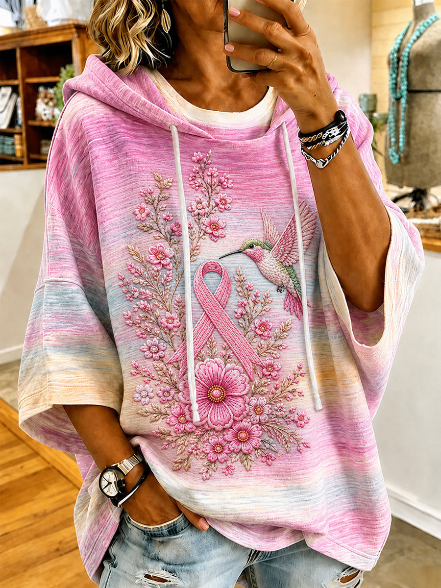 Women's Pink Floral & Hummingbird Print Breast Cancer Awareness Support Half-Sleeves Hoodie