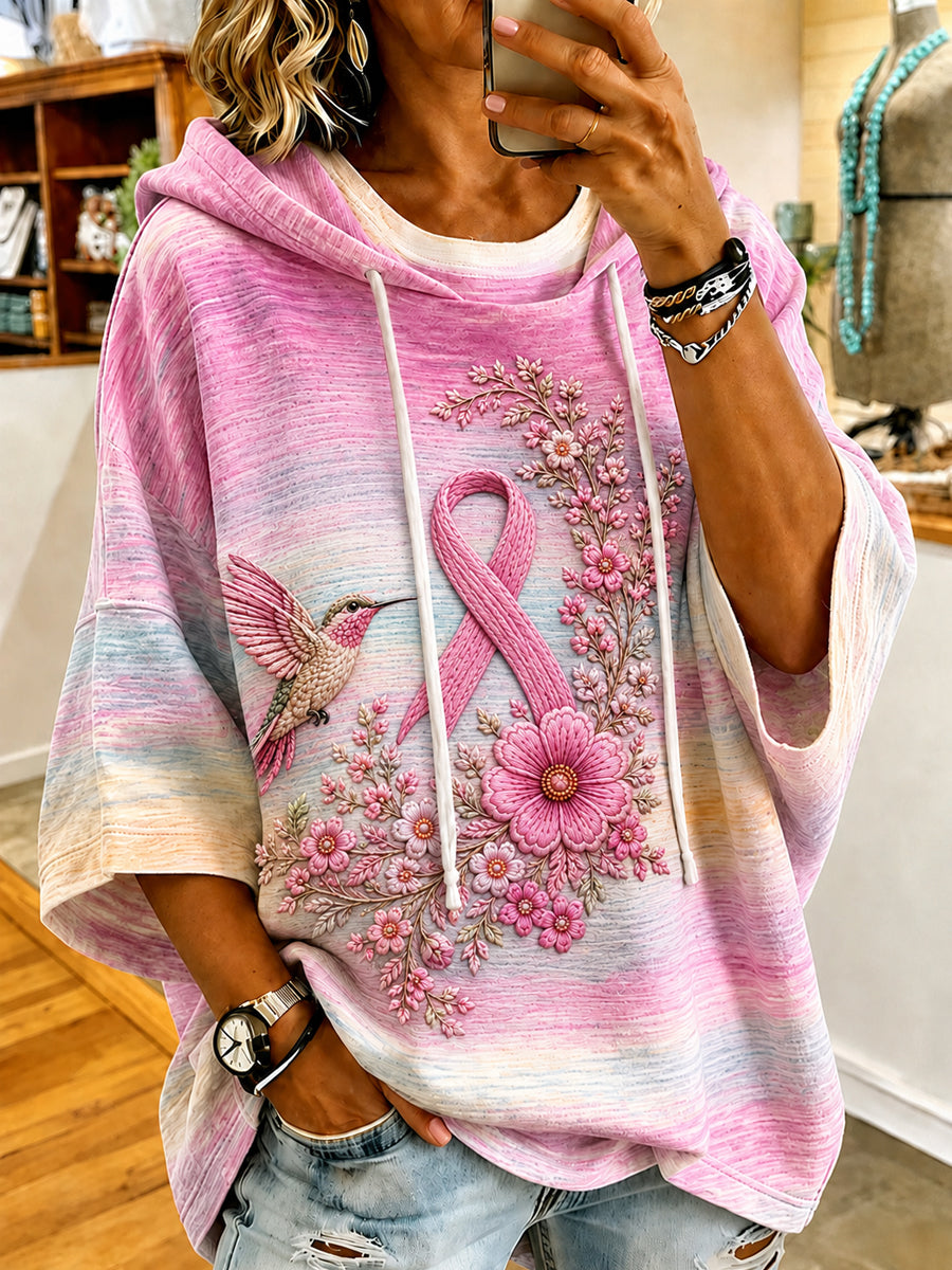 Women's Pink Floral & Hummingbird Print Breast Cancer Awareness Support Half-Sleeves Hoodie