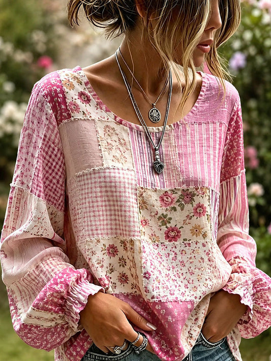 Women's Pink Floral Patchwork Art Cotton Linen Shirt