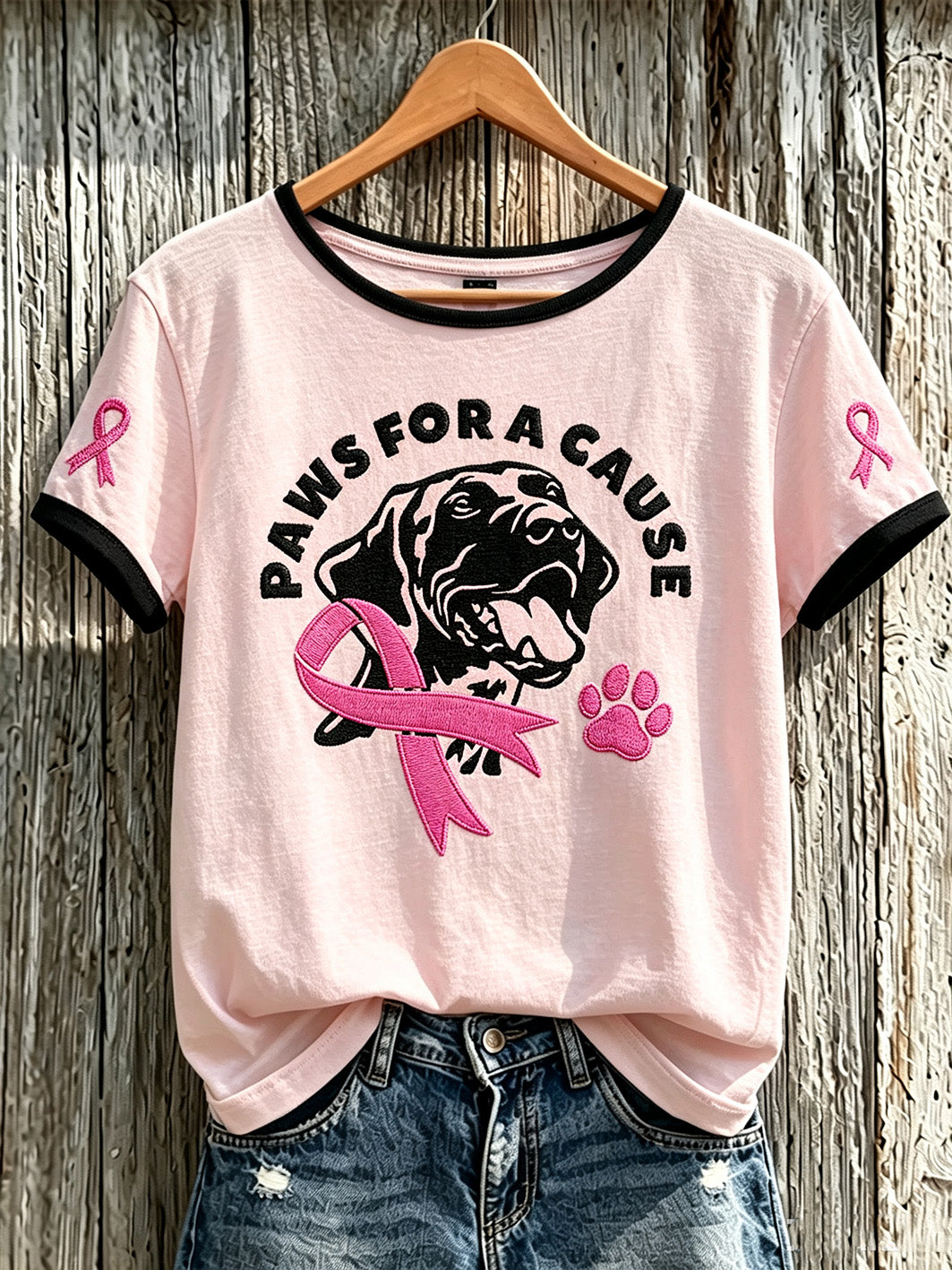 Women's breast cancer theme cute dog print casual short-sleeve T-shirt
