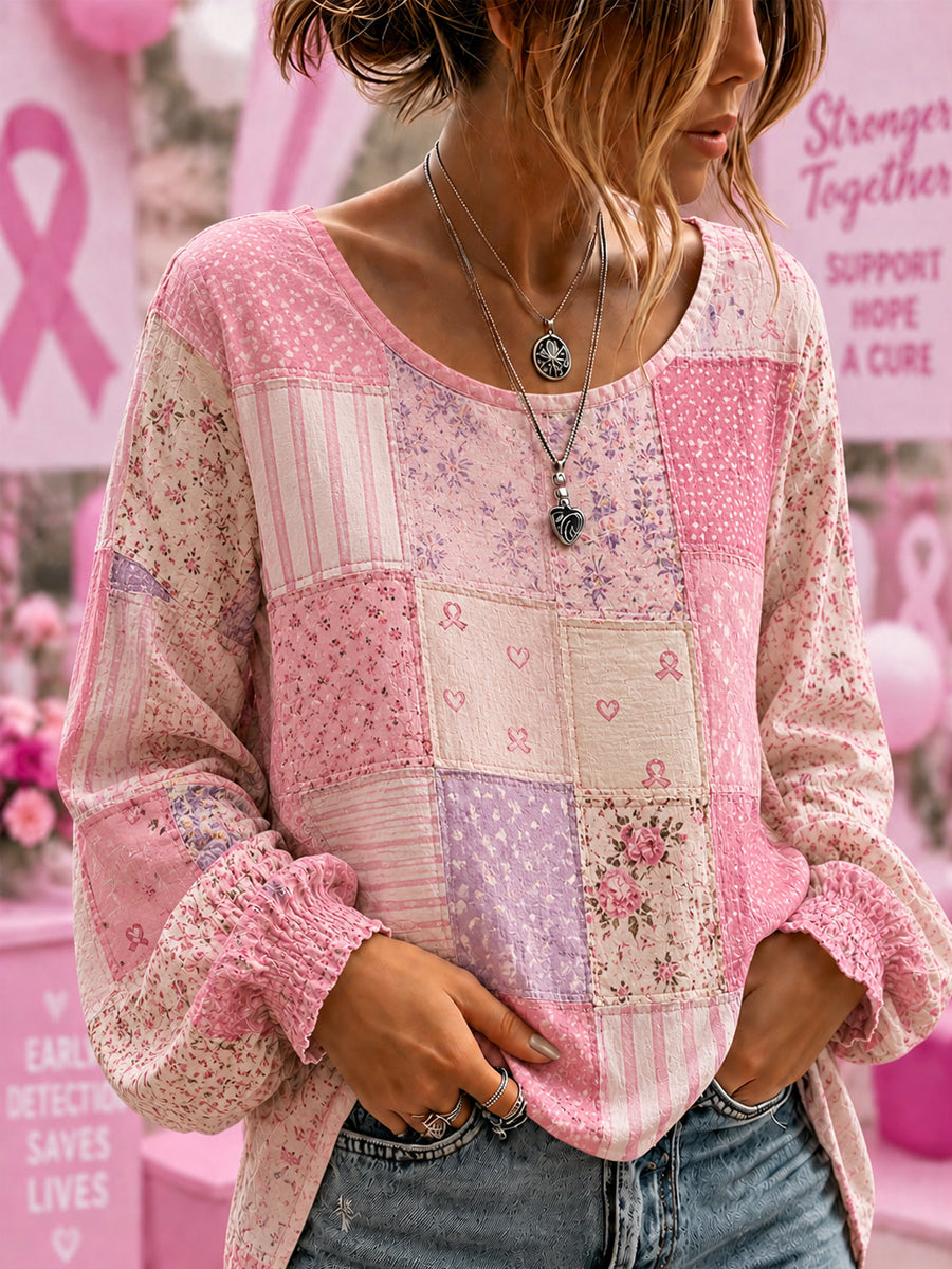 Women's Breast Cancer Awareness Support  Flowers Pink Ribbon Cotton-Linen Shirt