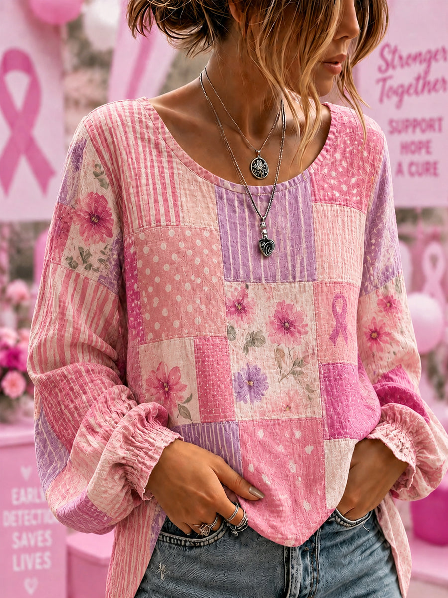 Women's Breast Cancer Awareness Support  Flowers Pink Ribbon Cotton-Linen Shirt
