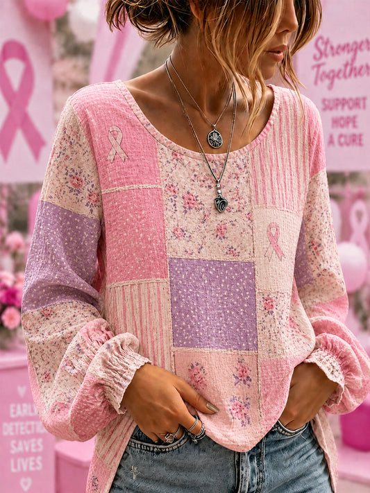 Women's Breast Cancer Awareness Support  Flowers Pink Ribbon Cotton-Linen Shirt