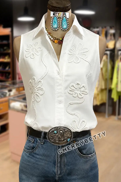 Feminine Flower Embroidered Collared Sleeveless Tank Top