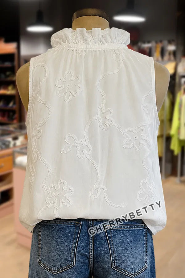 Elegant Flower Embroidered Ruffle Neck Sleeveless Tank Top