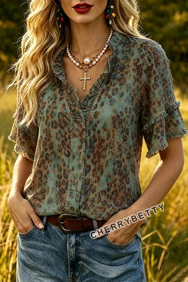 Retro Leopard Print Ruffle Neck Frayed Hem Top