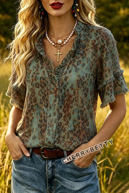 Retro Leopard Print Ruffle Neck Frayed Hem Top