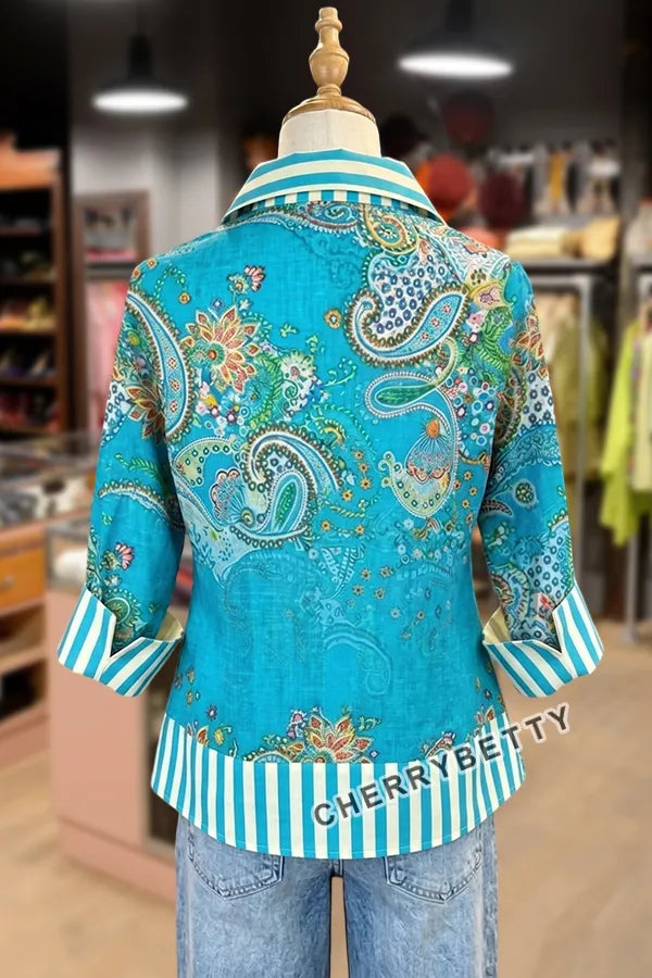 Vintage Paisley Print Striped Collar Blouse
