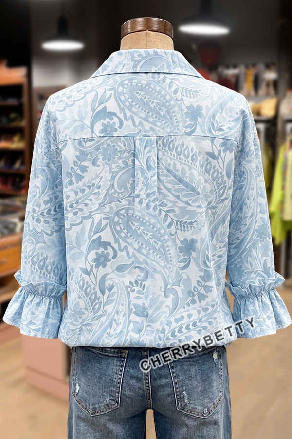 Vintage Paisley Print Ruffle Sleeve Top