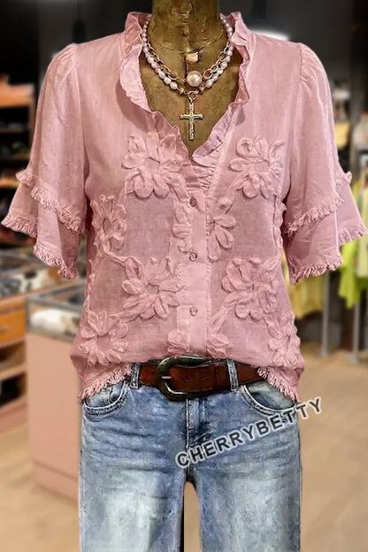 Feminine Flower Jacquard Ruffle Neck Frayed Hem Cotton Top