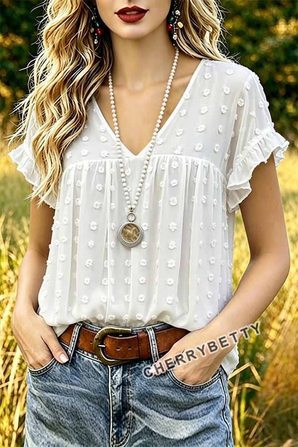 Casual Dot Jacquard V-Neck Ruffle Sleeve Top
