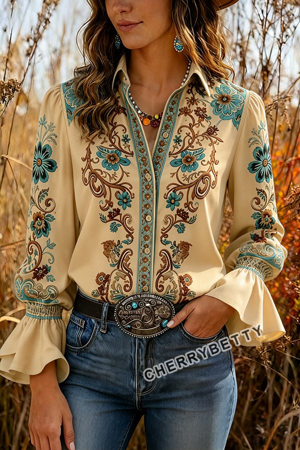 Boho Floral Print Double Bell Sleeve Blouse