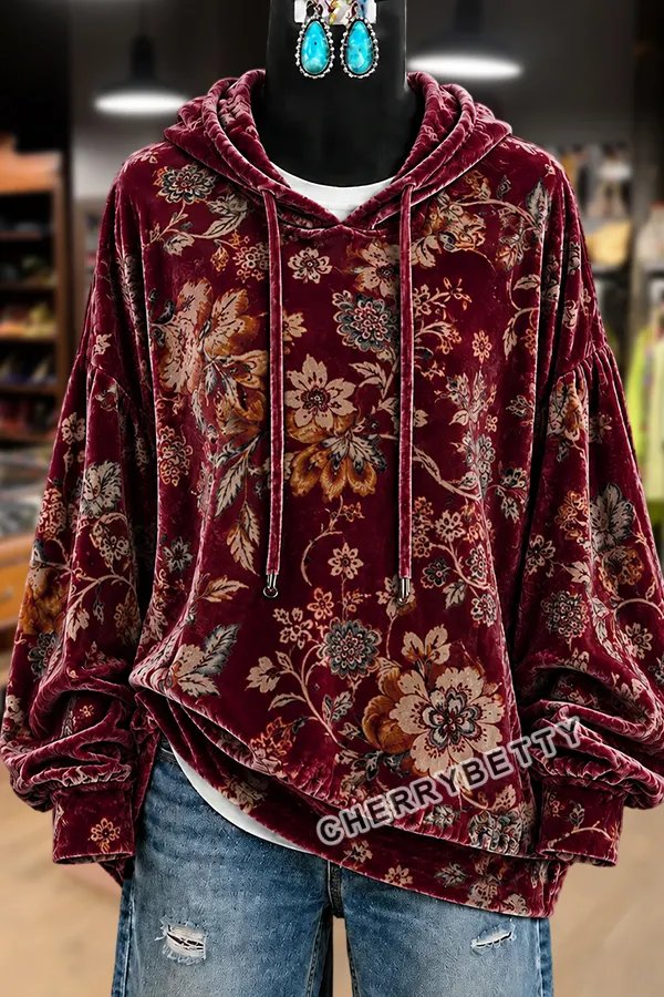 Retro Floral Print Long Sleeve Velvet Hoodie Top