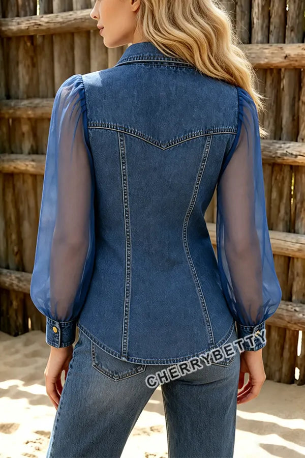 Western Chic Sheer Long Sleeve Button Up Denim Blouse