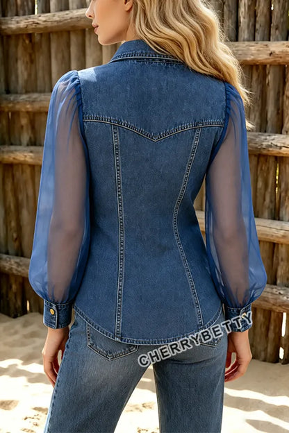Western Chic Sheer Long Sleeve Button Up Denim Blouse