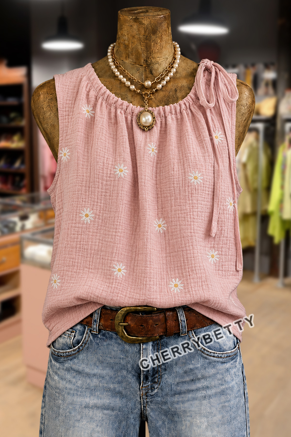 Sweet Daisy Embroidered Drawstring Tied Neck Gauze Tank Top