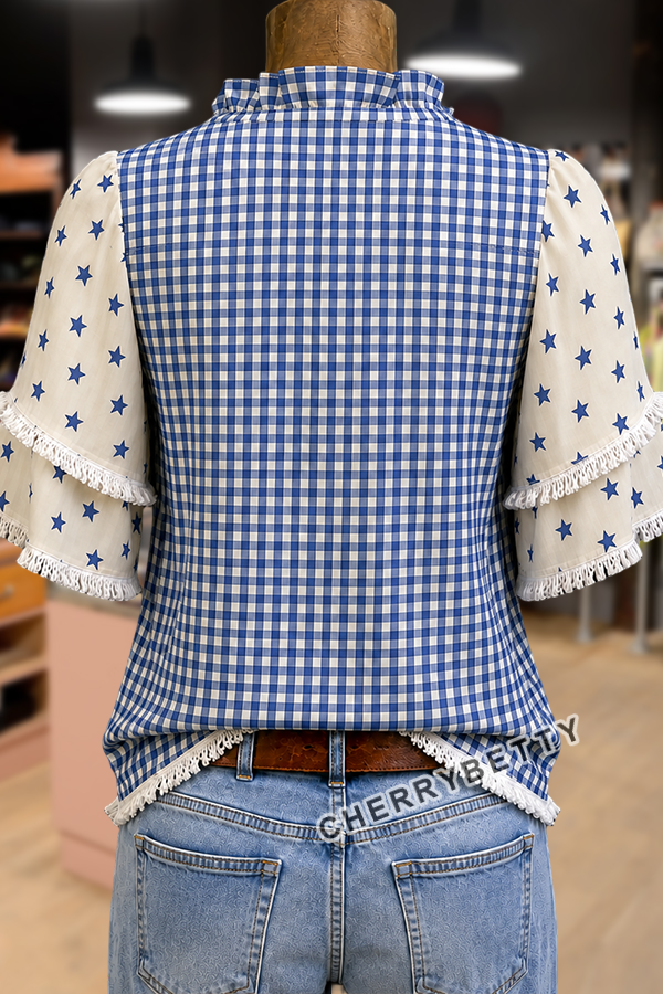 Mixed Patriotic Gingham Star Pattern Frayed Hem Top