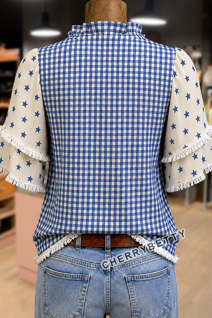 Mixed Patriotic Gingham Star Pattern Frayed Hem Top