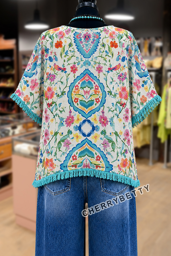Colorful Floral Print Side Slit Fringe Hem Dolman Sleeve Top
