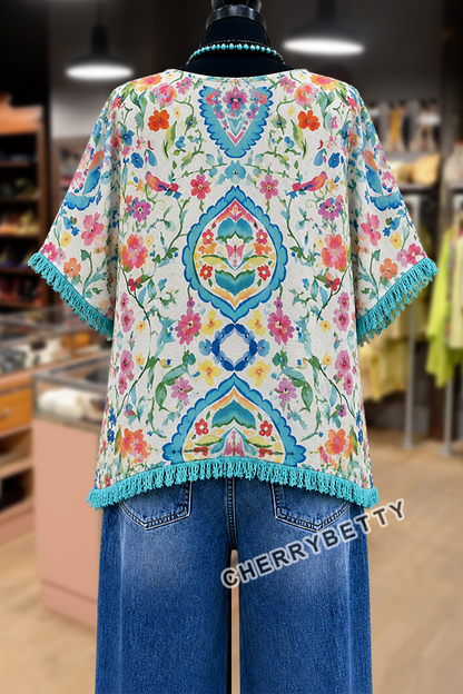 Colorful Floral Print Side Slit Fringe Hem Dolman Sleeve Top