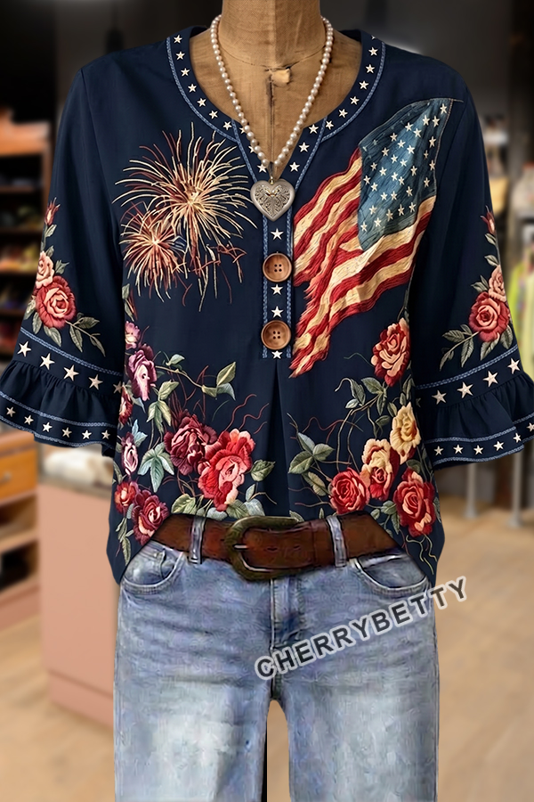American Flag Floral Print  Notch Neck Ruffle Sleeve Blouse
