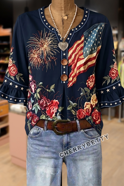 American Flag Floral Print  Notch Neck Ruffle Sleeve Blouse