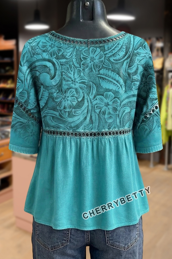 Retro Floral Print Hollow Out Top