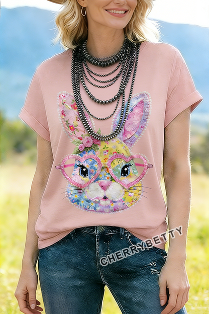 Vintage Easter Bunny Print Cotton T-Shirt