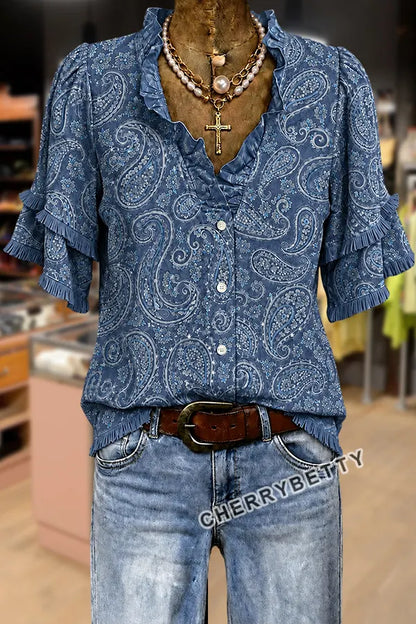 Vintage Paisley Print Ruffle Neck Frayed Hem Top