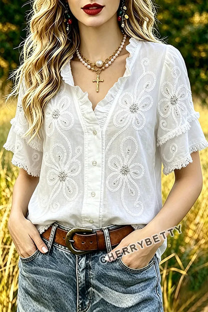 Chic Flower Embroidered Ruffle V-Neck Frayed Hem Top